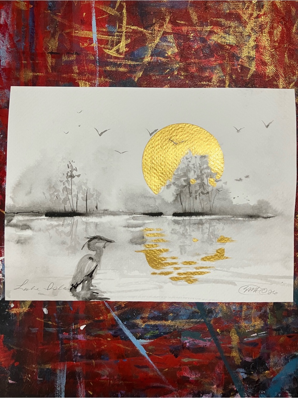 ORIGINAL Heron sunset landscape painting lake art sumi-e style artwork Artettina